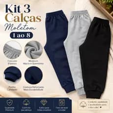 Kit 3 Calças Moletom Infantil Menino Inverno Quentinha para o Frio com Punho Tam 1 ao 8 Anos