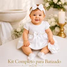 Kit Vestido Branco Bebê Batizado Luxo com Laço 4 Peças Delicado e Elegante 0 á 3 Meses