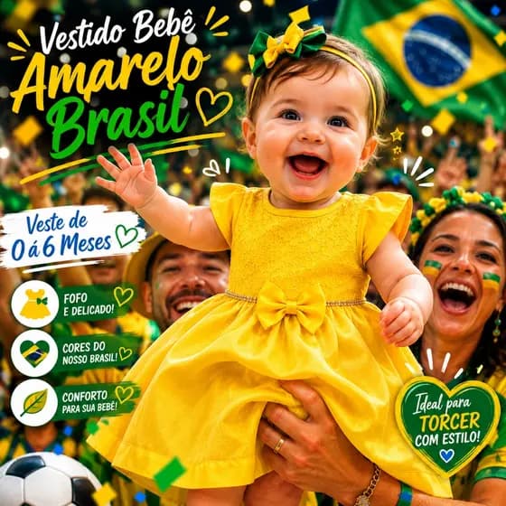Vestido Bebê Brasil Amarelo Menina Roupa Copa Look Festa Infantil Fofo Confortável 0 á 6 Meses