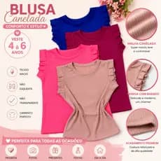 Kit 2 Blusas Blusinha Camiseta Básica Infantil Menina 4 á 6 Anos Malha Canelada Roupa de Verão Calor