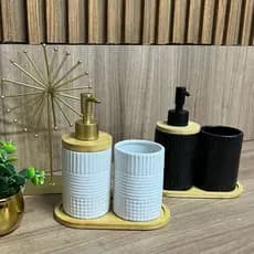 Kit Banheiro Lavabo Base Bambu Porcelana 3 Peças.