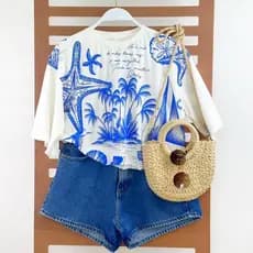 Cropped Feminino Oversized Tecido 100% Algodão Estampado Tropical Verão Confortável e Estiloso
