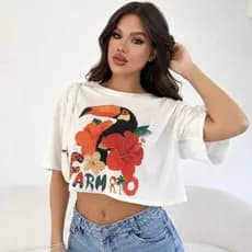 Cropped Oversized Tucano Flor Laranja Fashion e Descolado Blusa 100% Algodão Confortável e Estilosa