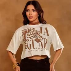 Cropped Feminino Oversized Jaguar Feline Camiseta Estampada Street Style Confortável e Moderna