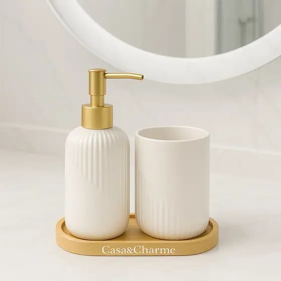 Kit Banheiro Lavabo Completo Porta Sabonete Liquido Dispenser Porta Escova de Dente Cerâmica Luxo