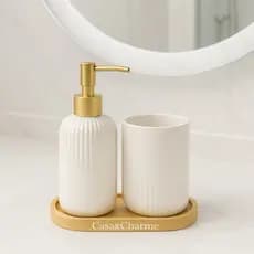 Kit Banheiro Lavabo Completo Porta Sabonete Liquido Dispenser Porta Escova de Dente Cerâmica Luxo