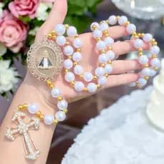 Terço De Noiva Pérola Nossa Senhora de Aparecida Com Strass Contas 10mm De Luxo