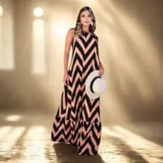 Vestido Feminino Longo Costa Nua Frente Com Bojo Em Tecido Duna Estampada Zig Zag Elegante