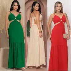 Vestido Longo Feminino com Argola Decotado Alcinha Moda Verão Elegante