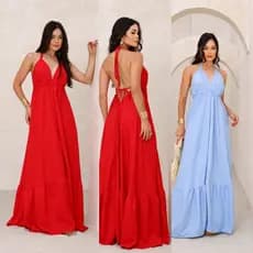 Vestido Feminino Longo Soltinho Costa Nua Decote Profundo Alças Finas Estilo Indiano