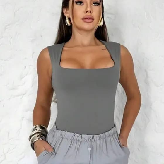 QUADRADO Body Bori Feminino Suplex Regata Alças Grossas Collant Decote Quadrado Básico Casual Dia Noite Trabalho Festa