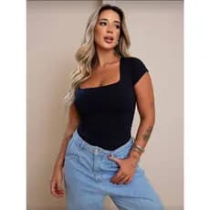 Blusa Baby Look Feminina Elegante Com Decote Quadrado Com Manga Curta Moda Versátil Casual Blogueira