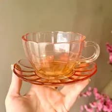 Jogo 6 Xícaras De Chá Café 240ml Pires Em Vidro Canelado Hauskraft Peach