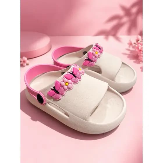 Chinelo Nuvem Babuche Infantil Borboletas Rosa com Flores – Sandália Menina Bonita Kids Feminina Antiderrapante