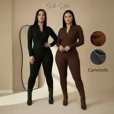 Macacão Feminino Manga Longa Canelado Gringa Virginia Ziper