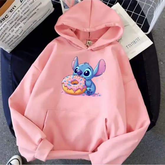 Blusa de Frio Adulto e Infantil Moletom Canguru Stitch donuts Capuz E Bolsos canguru algodão flanelado para inverno