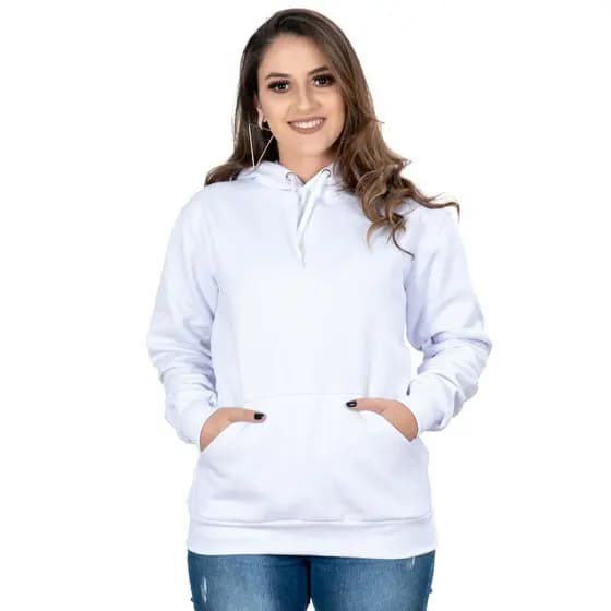 Moletom Feminino com bolso Canguro e capuz BRANCO Blusa de frio agasalho liso
