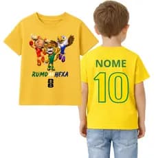 Camiseta Infantil Mascote Copa do Mundo 2026 Brasil Torcida Futebol Menino Menina Algodão Premium