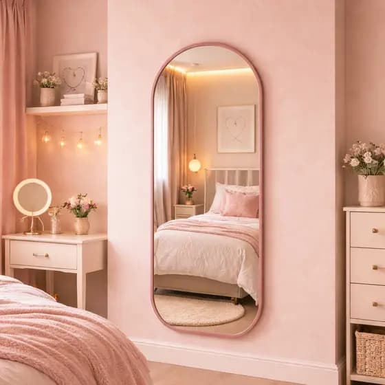 Espelho Oval Flame Para Quarto Infantil Feminino Madri Base Reta Moldura de Couro 120cm x 50cm