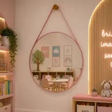 Espelho Adnet Infantil Redondo Com Couro Decorativo Para Quartos Salas C/ Pino Suporte