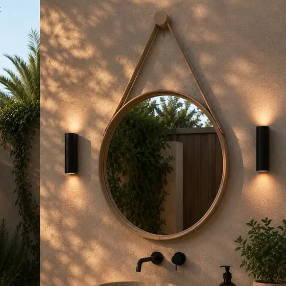 Espelho Adnet Com Couro Decorativo Redondo Para Quartos Salas Estilo Retrô C/ Pino de Suporte