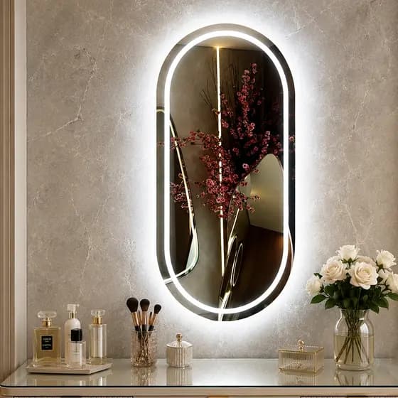 Espelho Jateado Oval 80x50cm com LED com Botão Touch Acabamento Lapidado Decoração de Quarto e Sala