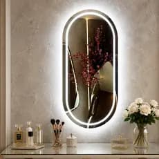 Espelho Jateado Oval 80x50cm com LED com Botão Touch Acabamento Lapidado Decoração de Quarto e Sala