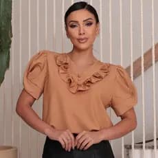 blusa social manga diferenciada gola V com botoes nao funcionais