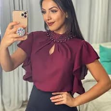 blusa gola perola, blusa social com manga de babados , com amarração nas costas