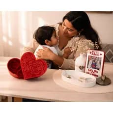Presente Dia das Mães Kit Completo Personalizado Caixa Coração Porta Retrato e Porta Joias