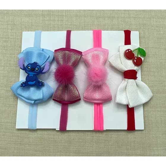 Kit 4 Faixas RN Coloridas com Laços Temáticos — Stitch, Pompons e Cerejinhas