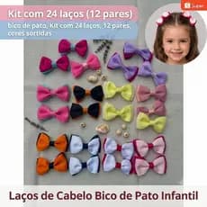 Kit 24 Laços de Cabelo Boutique Presilha Bico de Pato Infantil 12 Pares Coloridos