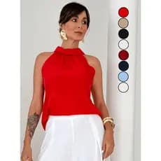 Blusa Feminina Social Gola Alta Estruturada sem Manga