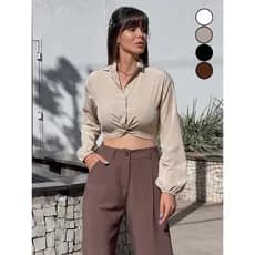 Blusa Feminina Cropped Botões Manga Longa Elegante