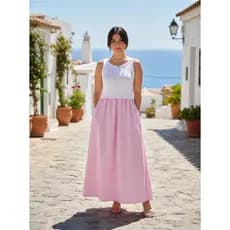 Vestido Feminino Regata Tricoline com Saia Ribana