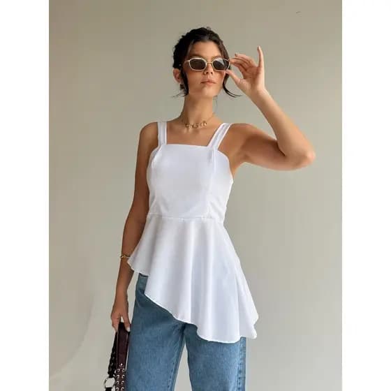 Blusa Peplum Assimétrica com Alças Blusinha Soltinha Moda Gringa