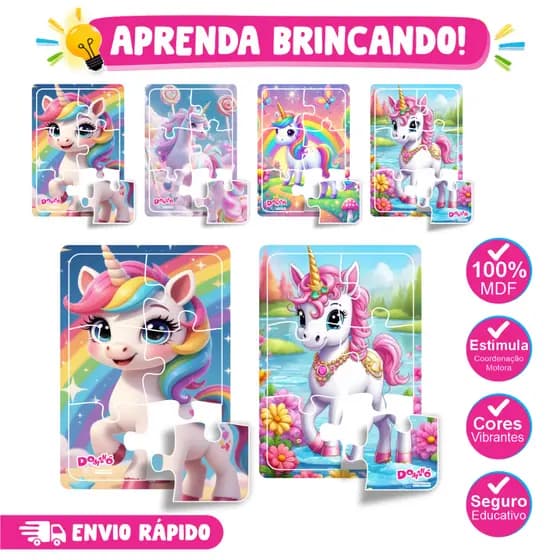 Kit 4 Quebra Cabeça Infantil para Menina - Ludico Didatico Educativo - Tema Unicornio