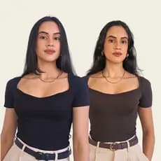 Blusinha Decote Coração Elegante Canelada Algodão Plus Size PP Tendência Camiseta Ribana