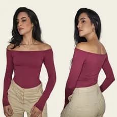 Body Vinho Bordo Ombro a Ombro Blusa Vermelha Manga Comprida Feminina Elegante Bory Ciganinha Suplex