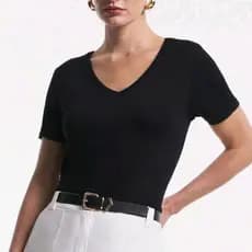 Blusa  Básica Feminina Gola V Baby Look Algodão Camiseta Preta Cinza Dia a Dia Trabalho
