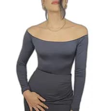 Blusa Manga Longa Elegante Cinza Chumbo Ombro  a Ombro Body Suplex Bory Ciganinha