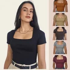 Blusinha Canelada Feminina Algodão Decote Quadrado Elegante Camiseta Ribana Trabalho Básica