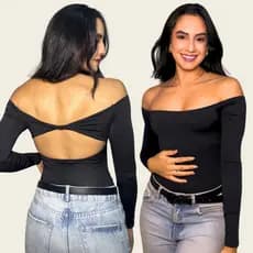 Body Feminino Decote nas Costas Nuas Manga Longa Ombro Ombro Ciganinha Suplex Gringa Blusa Elegante