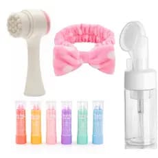 Faixa para Cabelo, Maquiagem e Skincare + Escova Limpeza Facial 2 em 1+ Frasco Pump Limpeza Facial+Balm Labial