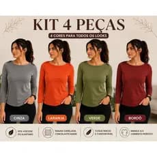Kit 4 Blusas Femininas Caneladas Manga 3/4 – Cinza, Laranja, Verde e Bordô