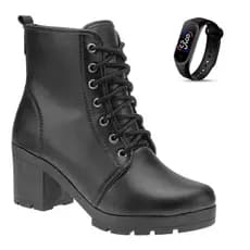 Bota Botinha Feminina Casual De Couro Legitimo Resistente Com Salto Medio Costurado + Relogio