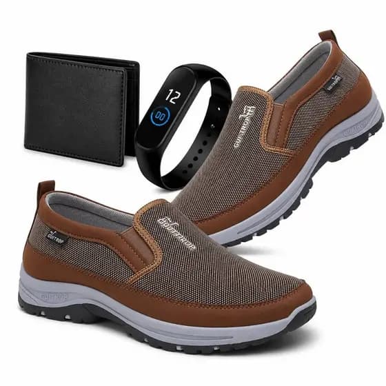 Kit Tenis Sapatilha Mocassim Masculino Casual Aquatico de Trilha Impermeável Com Solado Leve + Relogio e Carteira
