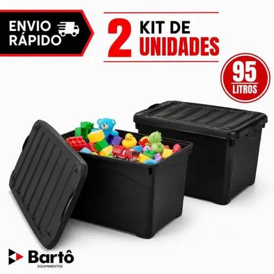 Kit 02 Unidades Caixa Organizadora 95 Litros Preta Injeplastec 95 Litros Com Travas Rodinhas e Alça