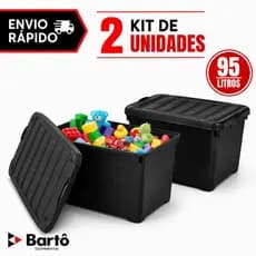 Kit 02 Unidades Caixa Organizadora 95 Litros Preta Injeplastec 95 Litros Com Travas Rodinhas e Alça