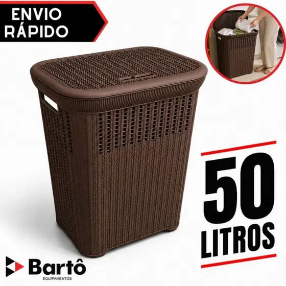 Cesto Telado Rattan 50 Litros Marrom Com Tampa Premium Reforçado